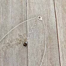 Load image into Gallery viewer, Tiger Ebony Necklace with Light Turquoise and Grey Crystals on a Silver Plated Chain