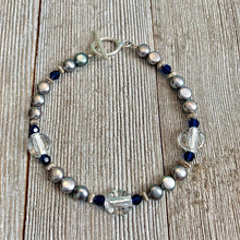 Load image into Gallery viewer, Grey Button Freshwater Pearls, Dark Sapphire Swarovski Crystals, Crystal Colored Fine Czech Glass, Sterling Silver Bracelet