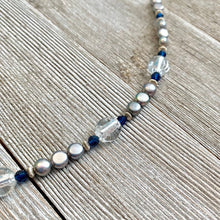 Load image into Gallery viewer, Grey Button Freshwater Pearls, Dark Sapphire Swarovski Crystals, Crystal Colored Fine Czech Glass, Sterling Silver Bracelet