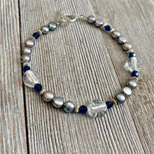 Load image into Gallery viewer, Grey Button Freshwater Pearls, Dark Sapphire Swarovski Crystals, Crystal Colored Fine Czech Glass, Sterling Silver Bracelet