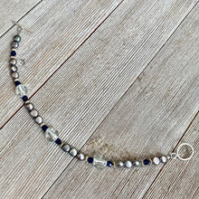 Load image into Gallery viewer, Grey Button Freshwater Pearls, Dark Sapphire Swarovski Crystals, Crystal Colored Fine Czech Glass, Sterling Silver Bracelet