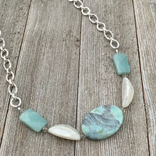 Load image into Gallery viewer, Terra Agate, White Shell, Amazonite, and Swarovski Crystal Necklace, semi precious beads, gift
