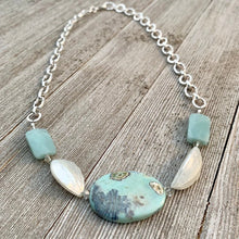 Load image into Gallery viewer, Terra Agate, White Shell, Amazonite, and Swarovski Crystal Necklace, semi precious beads, gift