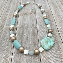 Load image into Gallery viewer, Terra Agate / Mother of Pearl / Amazonite / Aquamarine / Metallic Wood Necklace