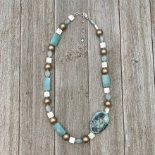 Load image into Gallery viewer, Terra Agate / Mother of Pearl / Amazonite / Aquamarine / Metallic Wood Necklace