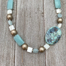 Load image into Gallery viewer, Terra Agate / Mother of Pearl / Amazonite / Aquamarine / Metallic Wood Necklace