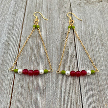 Load image into Gallery viewer, Red Quartz / White Swarovski Pearl / Olive Green Czech Glass / Gold Chandelier Earrings