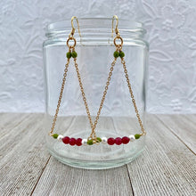 Load image into Gallery viewer, Red Quartz / White Swarovski Pearl / Olive Green Czech Glass / Gold Chandelier Earrings