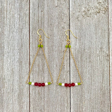 Load image into Gallery viewer, Red Quartz / White Swarovski Pearl / Olive Green Czech Glass / Gold Chandelier Earrings