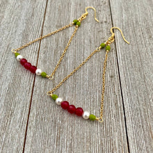Load image into Gallery viewer, Red Quartz / White Swarovski Pearl / Olive Green Czech Glass / Gold Chandelier Earrings