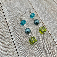 Load image into Gallery viewer, Olivine / Tahitian / Indicolite Swarovski Crystals and Pearl Earrings