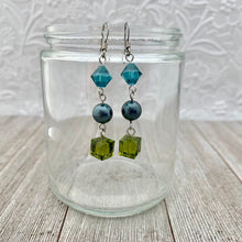 Load image into Gallery viewer, Olivine / Tahitian / Indicolite Swarovski Crystals and Pearl Earrings