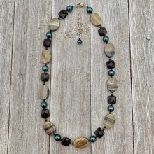 Load image into Gallery viewer, Silver Mist Jasper, Faceted Smoky Quartz, and Tahitian Swarovski Pearl Necklace