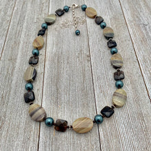 Load image into Gallery viewer, Silver Mist Jasper, Faceted Smoky Quartz, and Tahitian Swarovski Pearl Necklace