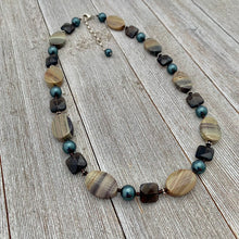 Load image into Gallery viewer, Silver Mist Jasper, Faceted Smoky Quartz, and Tahitian Swarovski Pearl Necklace