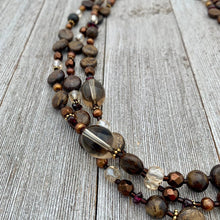 Load image into Gallery viewer, Three Strand Layered Necklace with Smoky Quartz, Bronzite, Bronze Fresh Water Pearls, Faceted Glass, 24k Plated Spacers, and Toggle Clasp