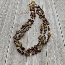 Load image into Gallery viewer, Three Strand Layered Necklace with Smoky Quartz, Bronzite, Bronze Fresh Water Pearls, Faceted Glass, 24k Plated Spacers, and Toggle Clasp