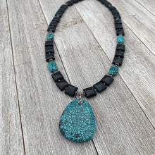 Load image into Gallery viewer, Square Onyx, Faceted Turquoise Rectangles, and Turquoise Pendant Necklace