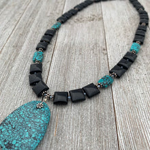 Load image into Gallery viewer, Square Onyx, Faceted Turquoise Rectangles, and Turquoise Pendant Necklace