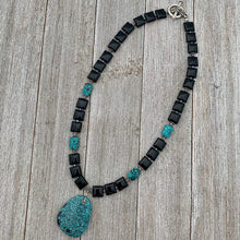 Load image into Gallery viewer, Square Onyx, Faceted Turquoise Rectangles, and Turquoise Pendant Necklace