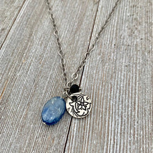 Load image into Gallery viewer, Kyanite Charm Necklace / Pewter Flower Charm / Matte Onyx / Antique Silver Chain / Adjustable