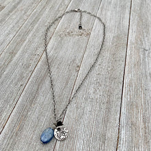Load image into Gallery viewer, Kyanite Charm Necklace / Pewter Flower Charm / Matte Onyx / Antique Silver Chain / Adjustable