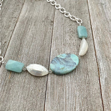 Load image into Gallery viewer, Terra Agate, White Shell, Amazonite, and Swarovski Crystal Necklace, semi precious beads, gift