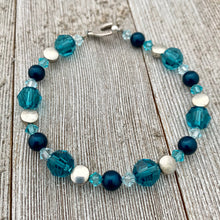 Load image into Gallery viewer, Teal Swarovski Crystal and Pearl Bracelet