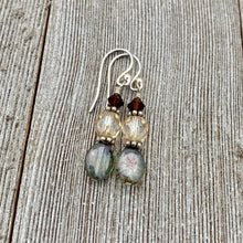 Load image into Gallery viewer, Olive Green Czech Glass, Golden Faceted Czech Glass, and Deep Brown Swarovski Crystal Sterling Silver Earrings