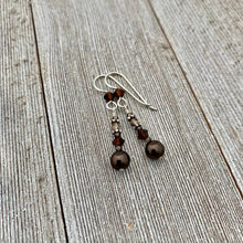 Load image into Gallery viewer, Deep Brown Swarovski Pearl and Mocca Swarovski Crystal Sterling Silver Earrings