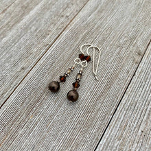 Load image into Gallery viewer, Deep Brown Swarovski Pearl and Mocca Swarovski Crystal Sterling Silver Earrings