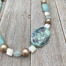 Load image into Gallery viewer, Terra Agate / Mother of Pearl / Amazonite / Aquamarine / Metallic Wood Necklace