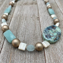 Load image into Gallery viewer, Terra Agate / Mother of Pearl / Amazonite / Aquamarine / Metallic Wood Necklace