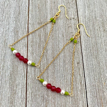 Load image into Gallery viewer, Red Quartz / White Swarovski Pearl / Olive Green Czech Glass / Gold Chandelier Earrings