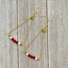 Load image into Gallery viewer, Red Quartz / White Swarovski Pearl / Olive Green Czech Glass / Gold Chandelier Earrings