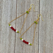 Load image into Gallery viewer, Red Quartz / White Swarovski Pearl / Olive Green Czech Glass / Gold Chandelier Earrings