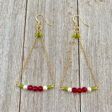Load image into Gallery viewer, Red Quartz / White Swarovski Pearl / Olive Green Czech Glass / Gold Chandelier Earrings