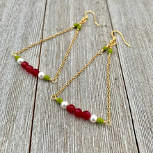 Load image into Gallery viewer, Red Quartz / White Swarovski Pearl / Olive Green Czech Glass / Gold Chandelier Earrings