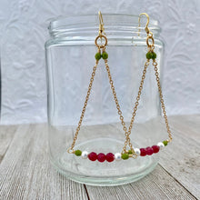 Load image into Gallery viewer, Red Quartz / White Swarovski Pearl / Olive Green Czech Glass / Gold Chandelier Earrings