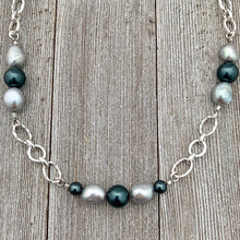 Load image into Gallery viewer, Grey Freshwater Pearls / Tahitian Swarovski Pearls / Silver Plated Chain Necklace