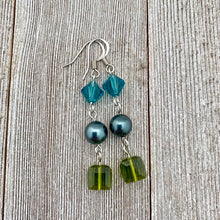Load image into Gallery viewer, Olivine / Tahitian / Indicolite Swarovski Crystals and Pearl Earrings