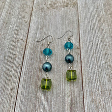 Load image into Gallery viewer, Olivine / Tahitian / Indicolite Swarovski Crystals and Pearl Earrings