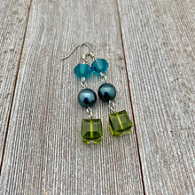 Load image into Gallery viewer, Olivine / Tahitian / Indicolite Swarovski Crystals and Pearl Earrings