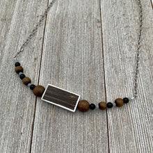 Load image into Gallery viewer, Silver Framed Wood / Greywood / Onyx / Grey Crysals / Antique Silver Chain Necklace