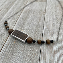 Load image into Gallery viewer, Silver Framed Wood / Greywood / Onyx / Grey Crysals / Antique Silver Chain Necklace