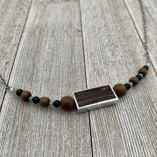 Load image into Gallery viewer, Silver Framed Wood / Greywood / Onyx / Grey Crysals / Antique Silver Chain Necklace