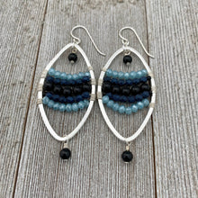 Load image into Gallery viewer, Onyx / Navy Blue Czech Glass / Blue Grey Crystals / Oval Hoop Earrings