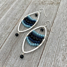 Load image into Gallery viewer, Onyx / Navy Blue Czech Glass / Blue Grey Crystals / Oval Hoop Earrings