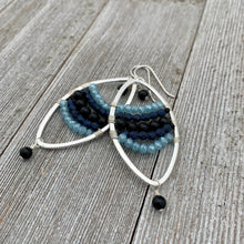 Load image into Gallery viewer, Onyx / Navy Blue Czech Glass / Blue Grey Crystals / Oval Hoop Earrings