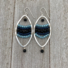 Load image into Gallery viewer, Onyx / Navy Blue Czech Glass / Blue Grey Crystals / Oval Hoop Earrings